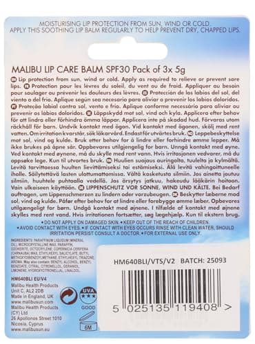Malibu Sun SPF 30 Lip Balm Sunscreen Multipack, Watermelon, Mint and Vanilla, High Protection SPF Lip Balm for Dry Lips, 3 x 5g — view 2