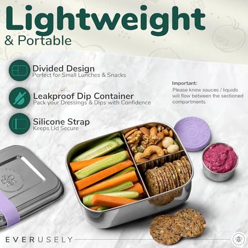 Everusely - Bento Box - Lavender, 47oz / 1.4 L - Large Stainless Steel Lunch Box & Leakproof Condiment Holder - 3 Compartment Snack Container Office Meals - Freezer & Dishwasher Safe — view 2