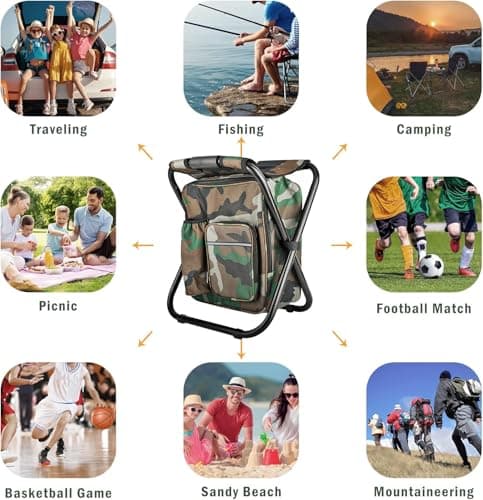 Kikerike Folding Stool Backpack Insulated Cooler Bag, Collapsible Camping Hunting Fishing Multifunction Chair with Front Pocket and Bottle Pocket for Outdoor Events, Hiking, Travel, Beach — view 6