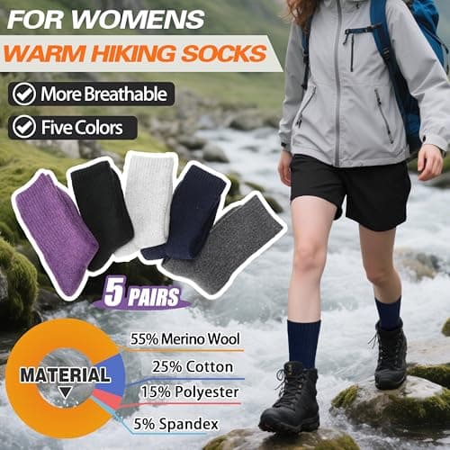 Sandsuced Womens Merino Wool Thermal Walking Socks Warm Winter Cozy Long Heavy Comfy Socks for Ladies Mum Stocking Fillers Women Gifts Thick Crew Work Soft Boot Socks 5 Pairs(Solid Color B) — view 5