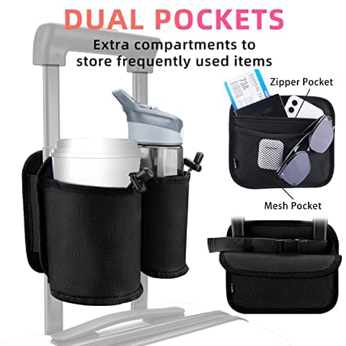 WALNEW Luggage Travel Cup Holder, Hands-free Drink Caddy Attachment Drinks Carrier for Drink Beverages Coffee Mugs fits Roll on Suitcase Handles Travel Accessories Black — view 4