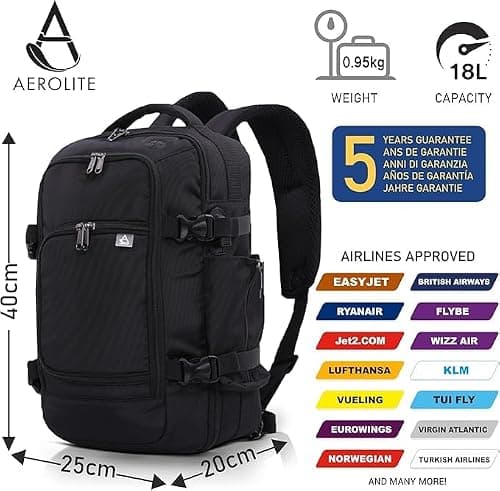 Aerolite Premium Ryanair & Wizz Air Lightweight Under Seat Travel Carry On Hand Cabin Luggage Backpack Rucksack Flight Bag Bags Fits 40x30x20 with YKK Zippers (Black) — view 2