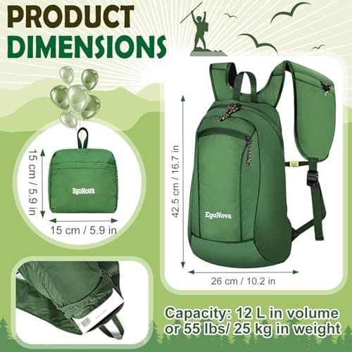 EgoNova 12L Lightweight Foldable Hiking Backpack - Waterproof Backpack for Travel, Camping and Outdoor Activities, dark green, 12L US, Easy to store — view 4