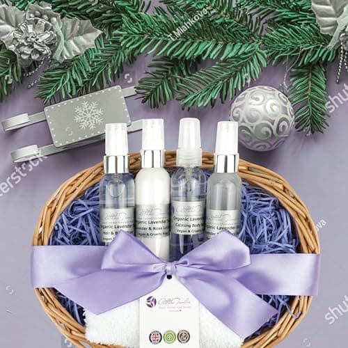 Mums and New Mums Lavender Basket for women, pamper set pamper gift basket with calming lavender spray, body cool gel, body lotion, gift boxed with ribbon and tag — view 4