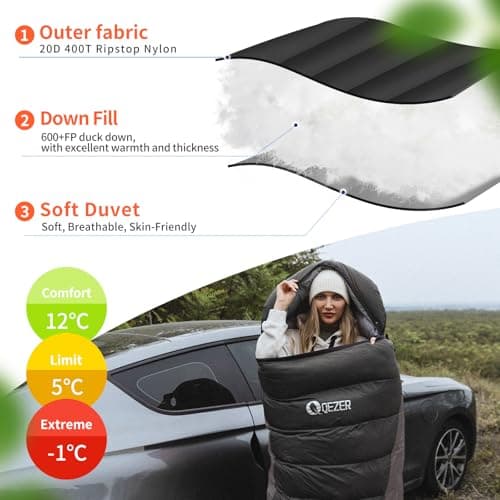 QEZER Down Sleeping Bag,Lightweight Rectangular Winter Sleeping Bag [1180g/1860g] for Adults and Kids 4 Season Camping, Hiking,Warehouse and Moutaineering Outdoor (Black, 500g down) — view 3