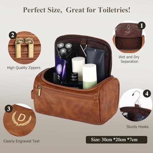 CGFN Mens Toiletry Bags,Personalised Gifts for Men,Personalised PU Leather Mens Wash Bag with Initial Hanging Toiletry Bag Xmas Birthday Gifts (Initial-T, Reddish Brown) — view 5