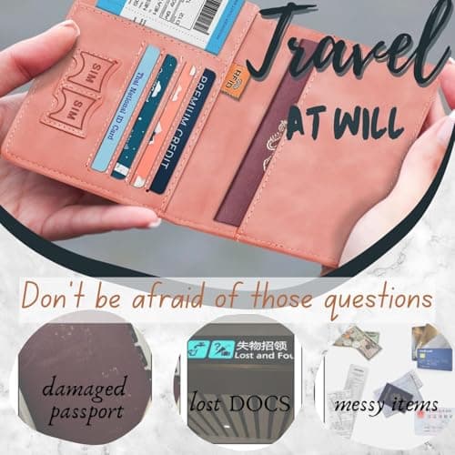 Passport Holder Cover Wallet Case, 2 Pcs PU Leather Travel Wallet with RFID Blocking Passport Book Holders Organiser Travel Must Haves Credit Cards Boarding Passes Covers for Men Women (Pink & Blue) — view 5