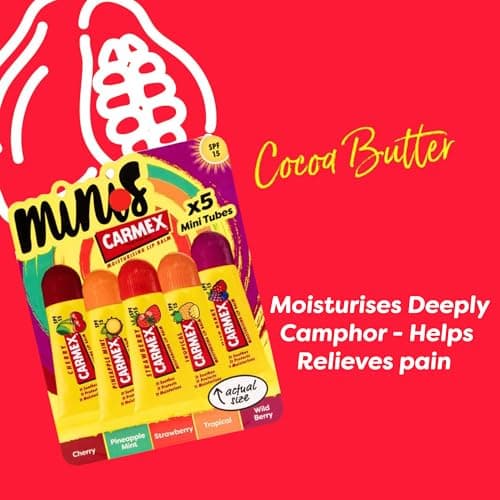 Carmex Mini Scented Lip Balm Tubes – Pack of 5 | In Cherry, Strawberry, Pineapple Mint, Wild Berry & Tropical Flavours | SPF 15 Sun Protection | Long-Lasting Hydration for Smooth, Supple Lips — view 3