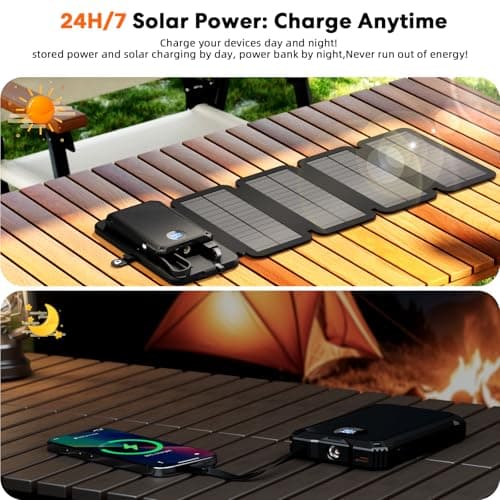 YELOMIN Solar Charger Power Bank 5000mAh with 4 Foldable Panels & 2 Built-in Cables, Wireless Portable Charger, Outdoor External Battery Pack with USB-C in/Output & SOS Flashlight for Camping Hiking — view 2