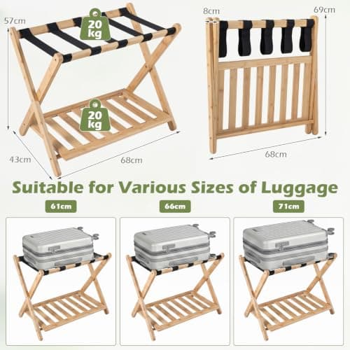 COSTWAY Bamboo Luggage Rack, Folding Suitcase Stand (Natural+Black, 1PC) — view 5