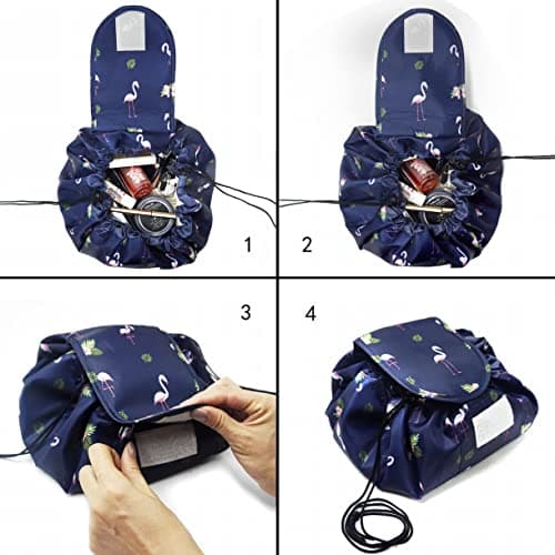 Vavabox Lazy Drawstring Makeup Bag, Flat Lay Cosmetic Bags (Navy Flamingo) — view 3