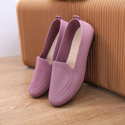 Women's Lightweight Knitted Loafers Casual Flat Shoes Orthopedic Comfortable Boat Shoes Flat Bottomed Breathable Shoes Retro Walking Flats Purple — view 6
