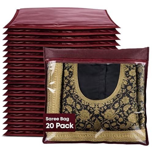 Fineway 20 Pack Saree Storage Bags with Zip – Space saving Clear Zip Bag, Clothes Bag Organiser for Sarees, Dresses & Clothes – Moisture-Resistant Saree Bags Clothing Storage (Maroon, 42x35cm)