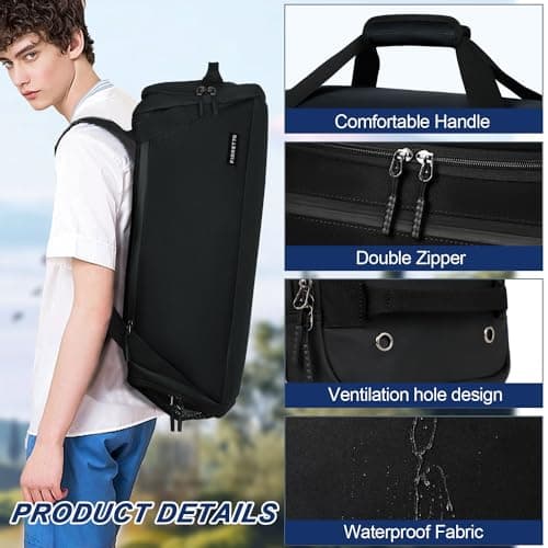 FIORETTO 43L Mens Sports Gym Bag with Wet Pocket & Shoe Compartment, Travel Duffle Bag Overnight Bag with Padded Shoulder Strap, Water-Resistant Holdall for Swimming, Basketball, Football Black — view 4