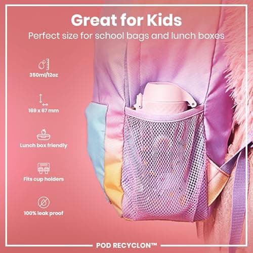 Ion8 Kids Water Bottles, BPA Free, Leakproof, Dishwasher Safe, Easy Open, Secure Lock, Small Boys & Girls Water Bottle,Kids Drinks Bottle for Spill-free Drinking, Pink, Unicorns, 350ml/12oz — view 2