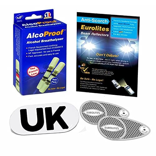 3 Piece Kit Headlamp Beam Deflectors Twin Pack French Breathalysers Long Expiry Date Magnetic GB Plate Eurolites Alcoproof Breathalyzer Good Quality NF approved Headlight Converters European Travel Kit Travel Abroad