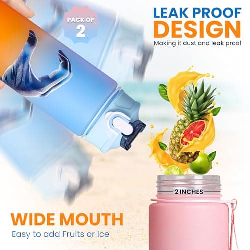Pack of 2 Water Bottle with Straw 750ml – Leakproof BPA Free Sports Water Bottle for Gym, School & Travel – Motivational Drinking Bottle with Time Markings for Kids & Adults(Blue-Orange/Pink, 750ml) — view 5