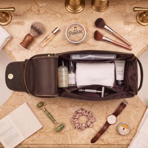 Leather Village Premium Leather Travel Toiletry Bag - Unisex Water-Resistant Travel Dopp Kit, Shaving & Cosmetic Organizer for Men & Women - Compact Bathroom Essentials - Distressed Brown — view 3