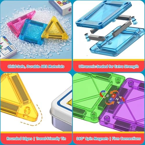 Zippytoys Travel Magnetic Tiles – 48PCS 3D Mini Magnetic Tiles Building Blocks with Mini Car for Kids– Strong Magnets Portable STEM Montessori Educational Toy with Metal Storage Tin for Boys Girls 3+ — view 4