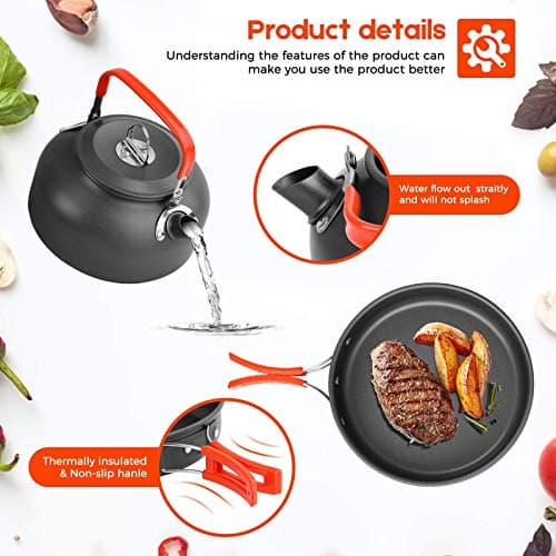 Camping Cookware Kit, Camping Cookware Set Outdoor Cooking Pot Pan Kettle Lightweight Camping Accessories Backpacking Hiking Gear for 2 to 3 People Picnic,Travel (Orange) — view 3