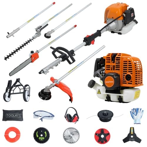 8 in 1 Petrol Garden Multi Tool, 52CC Gas Powered Weed Eater with Brush Cutter, Hedge Trimmer, Pole Chainsaw & Auxiliary Wheel for Grass Hedge Tree Cutting (Orange)