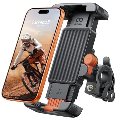 Lamicall Foldable Bike Phone Holder Bicycle - 【Quick Release Clamp】 Motorbike Phone Holder, Universal Motorcycle Handlebar Mount for iPhone 17 16 15 14 13 12, Samsung S25 Ultra, All Phones - Orange