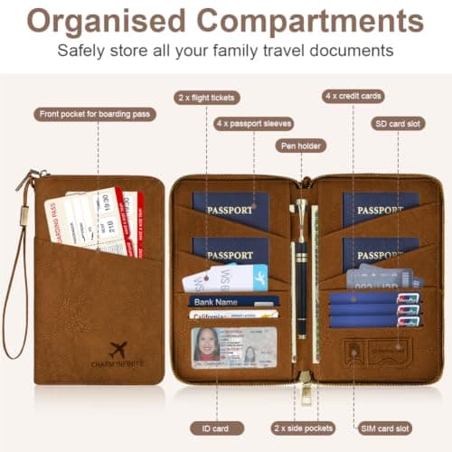 AOOSU Travel Wallet, Family Passport Holder, RFID Blocking Travel Accessories Document Organiser, Travels Document Holder for Tickets Waterproof Cover Holiday Essentials Case for Man & Woman Brown — view 5
