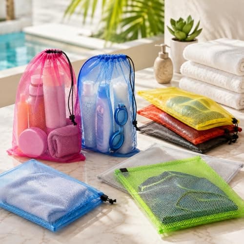 WYRGQIQN 10 Pack Multi-Coloured Drawstring Bags, Lightweight Nylon Mesh Storage Bags with Drawstring Closure, Reusable Gym Bags for Beach, Laundry, Sports Equipment, Toys and Travel Black — view 4