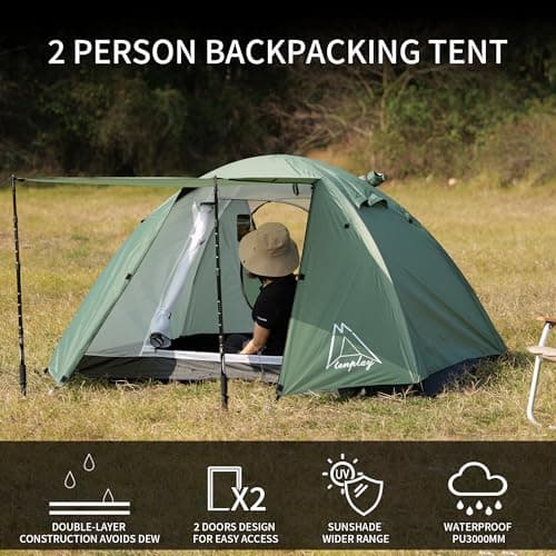 TENPLAY 2 Person Camping Tent Lightweight, PU3000mm Waterproof Backpacking Tent with Flysheet, 3-Season Double Layer Dome Tent with Aluminium Poles, 2 Doors for Hiking Outdoor Mountaineering（Green） — view 6