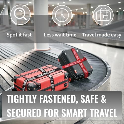TWICK - TWICK - 2x Suitcase Straps, Adjustable Luggage Straps | FRAGILE - HANDLE WITH CARE Advice | Security Protection form Bag Damage in Airport Transit | Fits Most Bags - Black — view 5