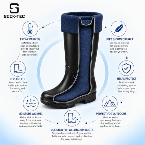 Sock Tec Mens Fleece Wellie Socks Adult Welly Wellington Boot Thermal Liners Warm Outdoor Sock One Size 6-11 (Navy) — view 2