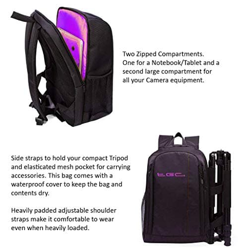 Camera Bag Waterproof Backpack Rucksack Case for Nikon Canon DSLR Lens Tripod UK (Black & Purple) — view 4