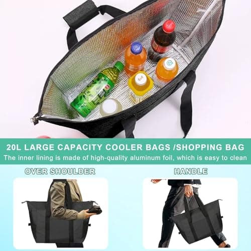 Foldable 20L Cooler Bag with Hard Liner, Insulated Shopping Bags for Frozen Food, Large Lunch Bag, Portable Leakproof Thermal Picnic Bag for Beach, Camping, BBQ, Outdoor Activities,School & Work — view 3