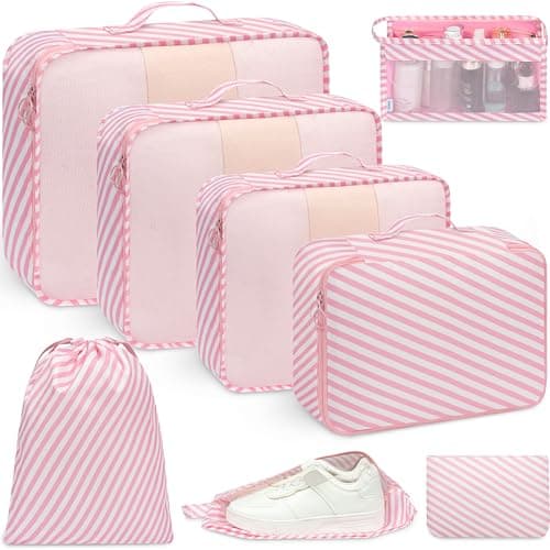 BAGAIL 8-Piece Packing Cubes Set, Travel Organizers with Breathable Mesh & Shoe Bag, Lightweight Nylon Packing Organisers for Luggage Suitcase, 9 Colors - Pink Stripe