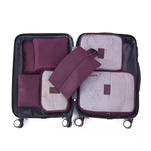 7 Set Packing Cubes water proof Dirt Resistant Oxford Cloth Luggage Packing Organizers for Travel (Wine Red)