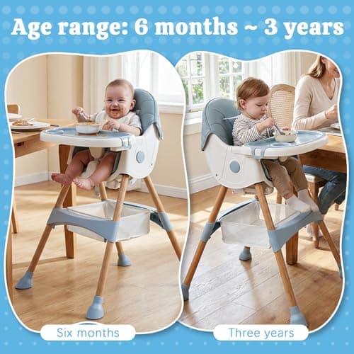 Baby High Chair Foldable Highchair, High Chairs for Babies and Toddlers Adjustable Height & Reclining Seat Detachable Double Tray, Ergonomic Feeding Portable Highchairs for Newborn 6 Months to 5 Years — view 5