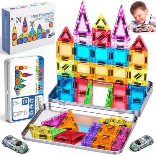 Zippytoys Travel Magnetic Tiles – 60PCS 3D Mini Magnetic Tiles Building Blocks with Mini Cars for Kids– Strong Magnets Portable STEM Montessori Educational Toy with Metal Storage Tin for Boys Girls 3+
