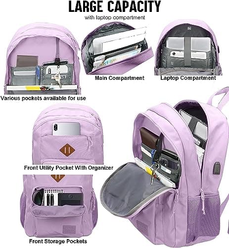 KEOFID Classic Travel Backpack for Men and Women, Anti Theft Laptop Backpack with USB Charging port, Large Bag for College(Purple) — view 2