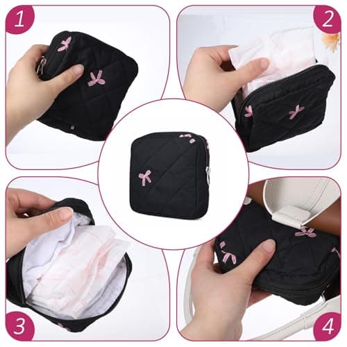 Cute Bow Sanitary Napkin Storage Bag with Dividers and Zipper, Cute Period Bag Pouch, Portable Tampon Holder for Purse that Can Hold Sanitary Napkins, Panty Liners, Tampons, and Menstrual Cups — view 6