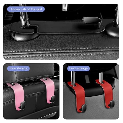 2 Pack Car Seat Back Storage Hook,PU Leather Car Seat Headrest Hook for Car Handbag Clothes (Pink) — view 3