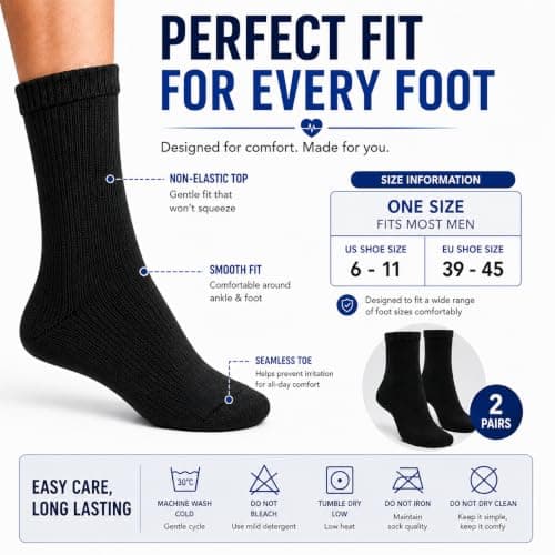 ITRAT Men’s Merino Wool Diabetic Socks UK Size 6–11 – Soft, Non-Binding Thermal Socks Breathable & Cushioned Comfort Fit for Sensitive or Swollen Feet (Black) — view 5