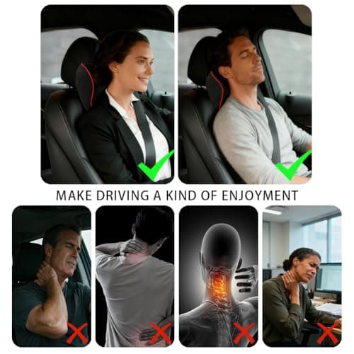 Alaoo Car Neck Support Pillow, Car Seat Headrest for Relieving Neck Fatigue with Adjustable Strap, Soft Memory Foam and Breathable Removable Cover for Passenger or Driver, Black with Red Trim — view 4