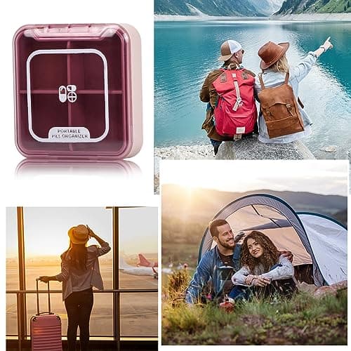 Wisebom Small Pill Box Organizer Mini Travel Medicine Storage Case, BPA Free Portable Tablet Container Holder Moistureproof, 4 Large Capacity Compartments for Vitamins Supplements (Pink) — view 5