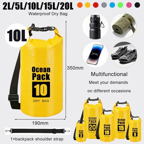 RONGZUBAT 10L Waterproof Dry Bag with Shoulder Strap, Roll Top Dry Sack for Towels and Clothes, Waterproof Bag for Kayaking, Paddle Boarding, Boating, Beach, Camping and Travel - Yellow — view 2