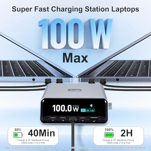 265W USB C Fast Charger, 5-in-1 USB Charging Station Hub (4C+1A), 2.3" LCD Display & Smart Control Knob, Multi Port Laptop Charger, Compatible with MacBook Pro/Air, iPad, iPhone 17/16/15, Galaxy S25 — view 3
