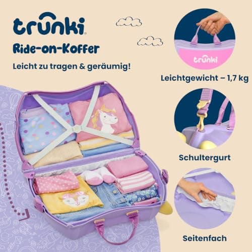 Trunki Ride-On Kids Suitcase with 360° Front Wheels - 17.6 L Hand Luggage Bag, Cabin Luggage with Wheels, Carry-on Approved Lightweight Kids Luggage with Tow Strap - Cassie the Cat, Purple — view 6