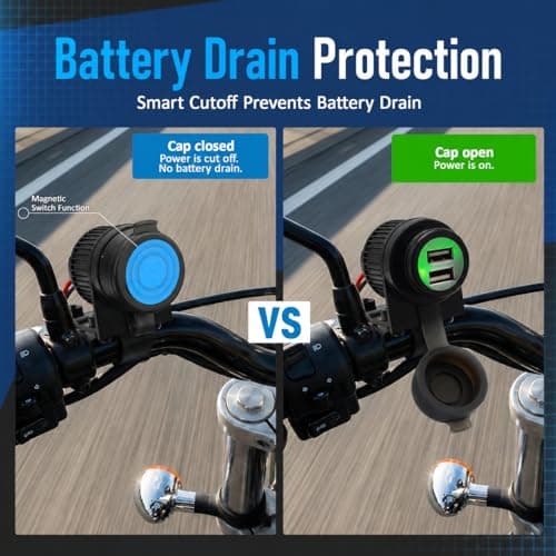 Cliff Top Heavy Duty Waterproof Motorcycle USB 5V 4 Amp Magnetic Switch Dual USB Charging Port for 7/8-1" Handlebar ATV UTV Smart Phone GPS Tablet Camera - Prevent Battery Drain — view 5