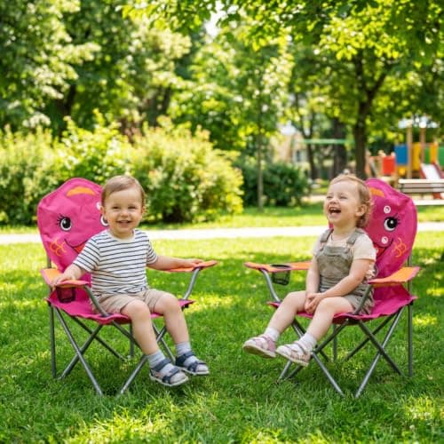 Envenzo Kids Folding Camping Chair, 4 Assorted Animal Designs, 600D Polyester, with Cup Holder and Security Lock, 35x35x60cm (1, PINK) — view 5