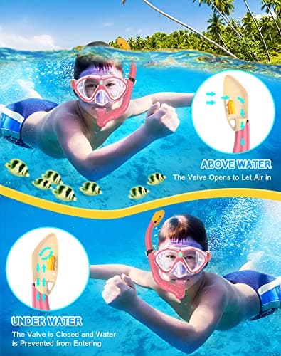 Gintenco Kids Snorkel Set, Dry Top Snorkel Mask Anti-Leak for Youth Junior Child, Anti-Fog Snorkeling Gear Free Breathing,Tempered Glass Swimming Diving Scuba Goggles 180° Panoramic View (Light Pink) — view 3