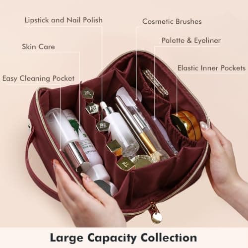 Prite Travel Makeup Bag Flat Lay Cosmetic Case with Brush Pocket, Red, L — view 2